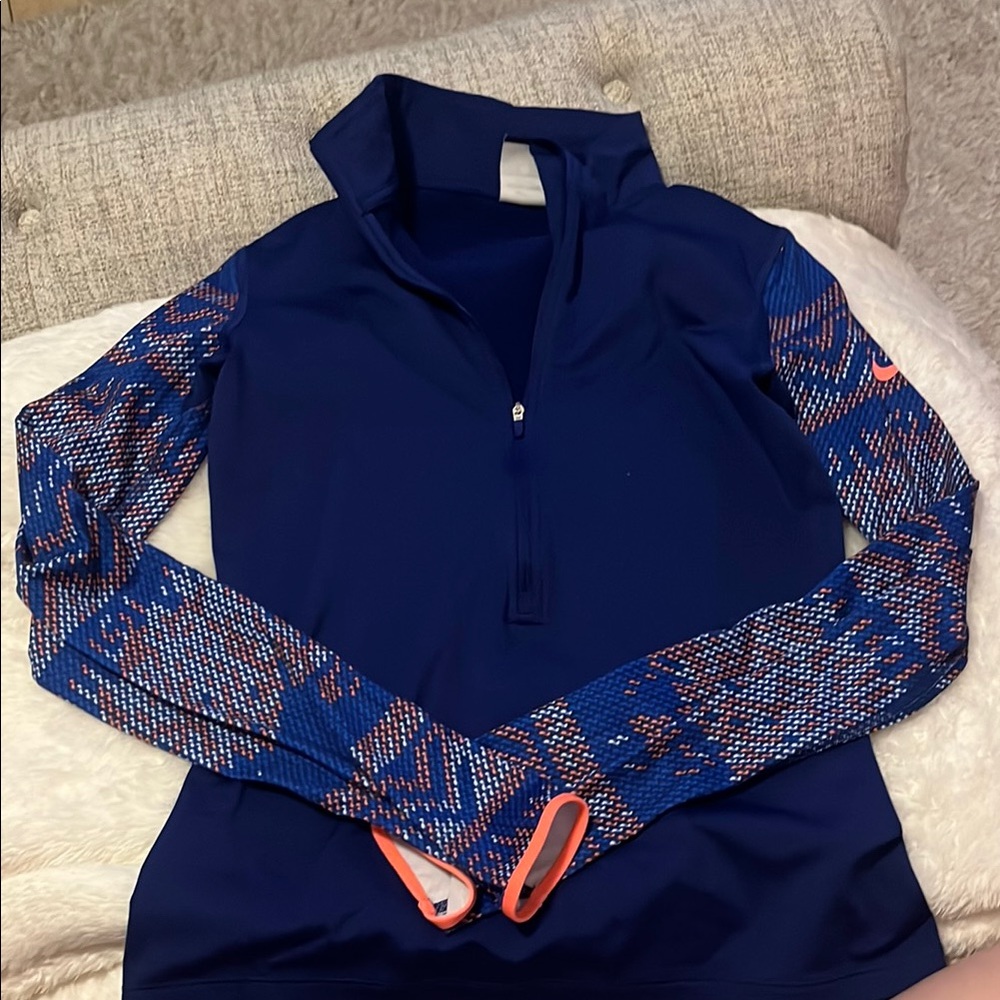 Blue and Orange Patterned Long Sleeve Workout Top